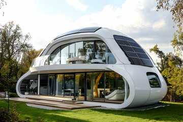 Dome house exterior with white metallic finish, large glass panels, and integrated solar panels.