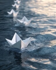 Single paper boat navigating a curve while others follow a straight path in a current at sunset reflecting adaptability and change