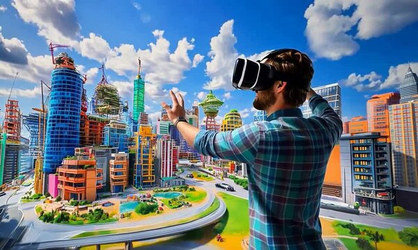 A person experiencing virtual reality in a vibrant futuristic cityscape with construction and greenery