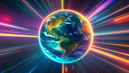 Planet earth rotating in outer space with light trails and colorful atmosphere