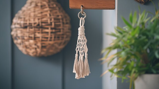 Keychain hanging on a wooden hook against a blue wall. the keychain is made of woven rattan and has a tassel hanging from it. on the right side of the image, there is a potted plant with green leaves.