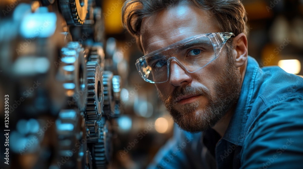Poster a skilled engineer in protective eyewear closely examines machinery equipped with intricate gears.