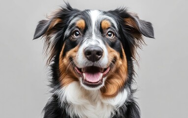 Fototapeta premium Smiling Dog Headshot Australian Shepherd with Black Brown and White Fur