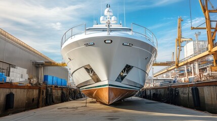 Dry dock area with a newly constructed luxury yacht ready for launch.