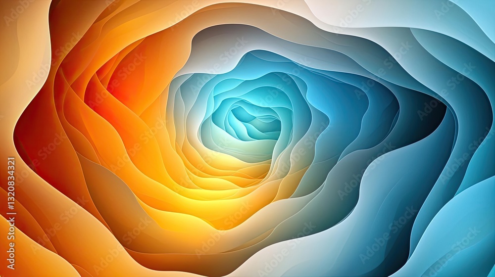 Poster 3D abstract art background concept. A vibrant abstract design featuring a swirling pattern of orange and blue hues.