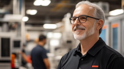 A middle-aged production planner engages with team members in a bright manufacturing facility. The coordinator discusses workflow and schedules while others focus on tasks