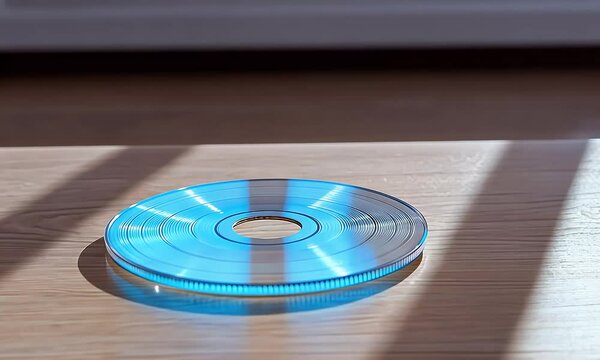 Blue CD on wooden floor, sunlight streaming through window; nostalgic media, website design