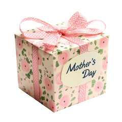 A pink gift box with a "Happy Mother's Day" tag, tied with a satin ribbon on transparent png background. Ai generated