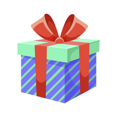 Wrapped present box with bright red bow and ribbon, featuring blue and green stripes on a white background. Celebration and holiday concept. Vector illustration