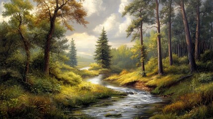 Fototapeta premium Forest Stream Sunlight Painting