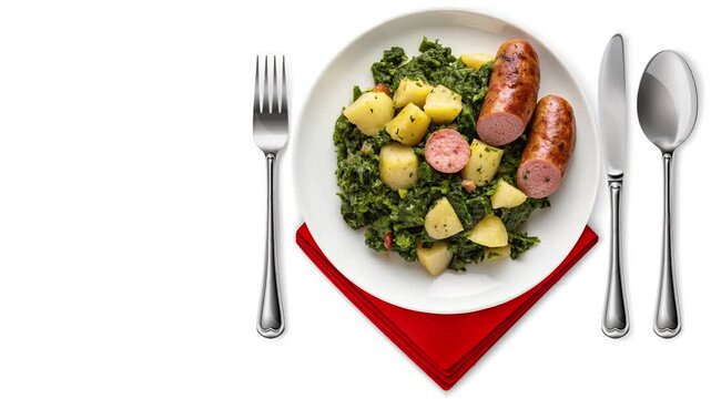 Thick braised cabbage keil in rich dark green color with smoked sausage Pinkel - looped 4к video