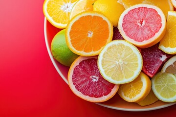 A colorful collection of fresh citrus fruit on a red background