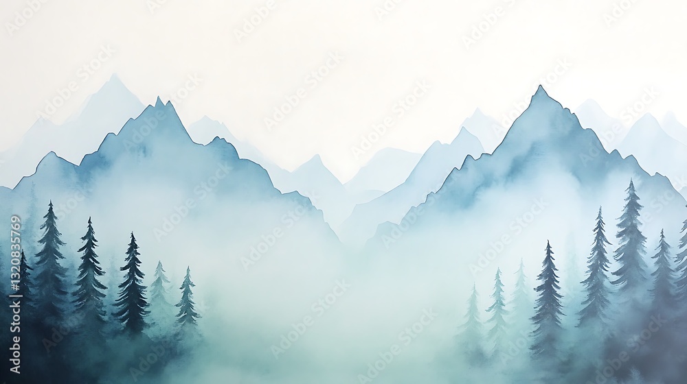 Poster misty mountains with evergreen trees create a serene and tranquil landscape.