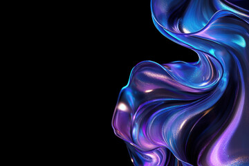 Abstract iridescent wave with blue and purple holographic reflections on black background. High-quality 4k hd thumbnail. Generative AI