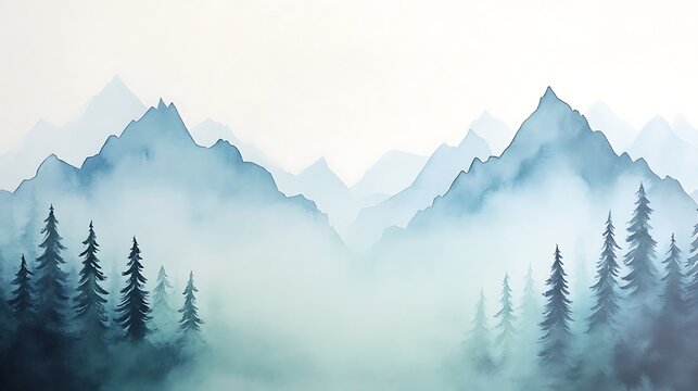 Misty mountains with evergreen trees create a serene and tranquil landscape.