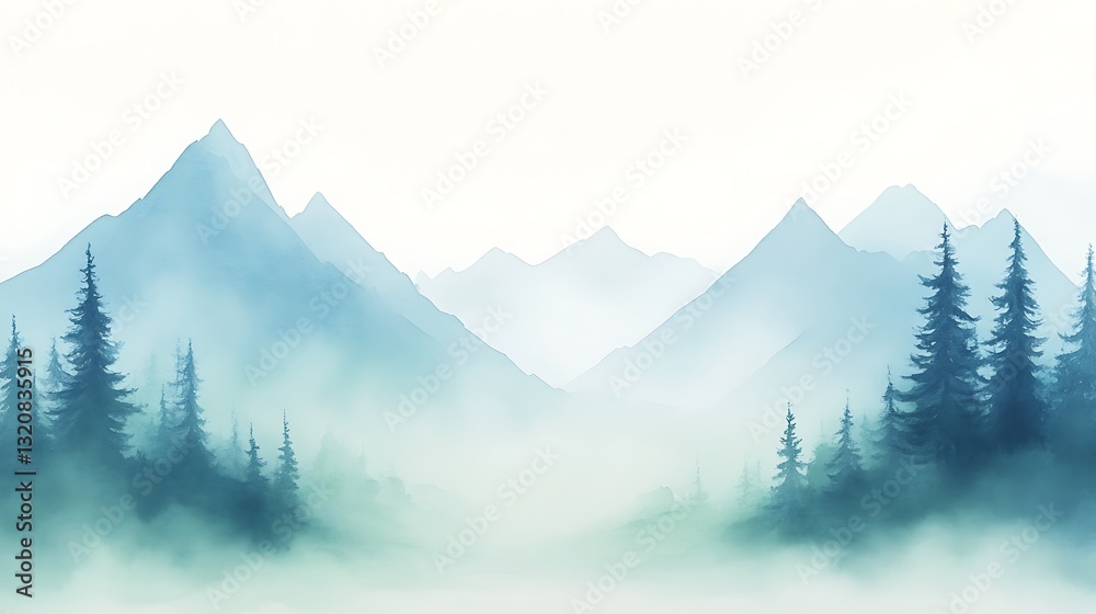 Aufkleber misty mountains with evergreen trees create a serene and tranquil landscape.