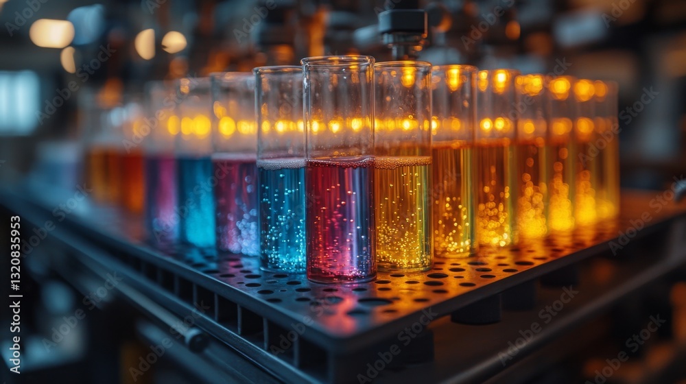 Fototapete in a high-tech petrochemical refinery lab, various colored liquids bubble in glass test tubes, highl