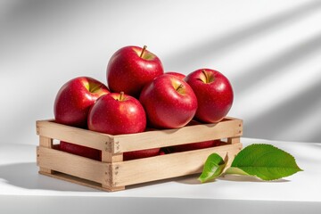 Fresh Red Apples in a Wooden Crate with Green Leaf on a Light Background