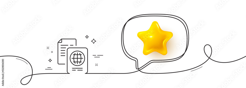 Poster passport document line icon. continuous line with 3d star. id file page sign. office note symbol. 3d