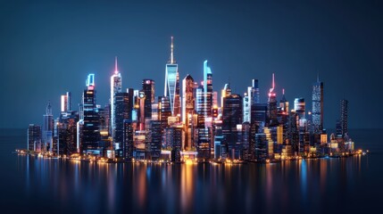 Obraz premium Vibrant City Skyline at Night with Illuminated Skyscrapers Reflecting on Water Surface