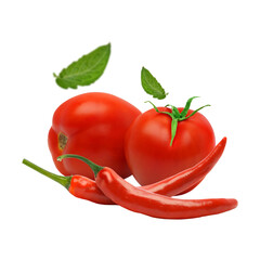 Tomatoes of red color with red chili pepper on transparent background png