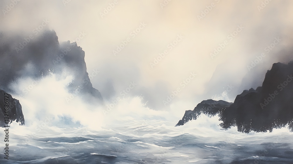 Aufkleber a dramatic seascape with crashing waves and rocky cliffs under a cloudy sky.