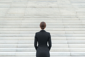 professional businesswoman in formal attire stands before set of stairs, exuding confidence and determination. clean lines and minimalist background emphasize her poised demeanor
