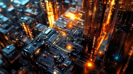 Aerial view of a futuristic cityscape with glowing skyscrapers and intricate technology at night