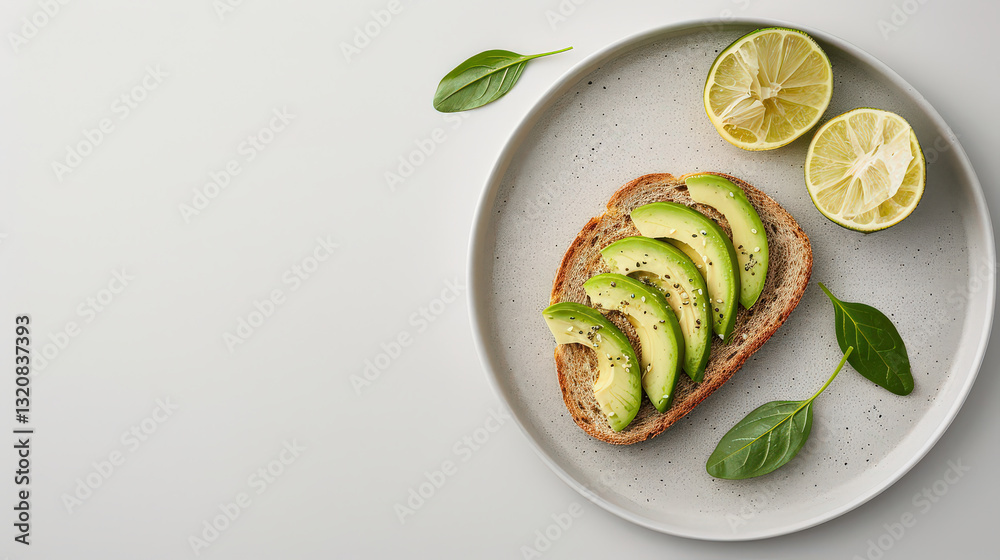 Poster avocado slices on artisanal bread with lime and basil leaves on minimalist plate