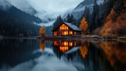 Fototapeta premium Peaceful Cabin by Serene Lake Surrounded by Autumn Foliage and Majestic Mountains at Dusk