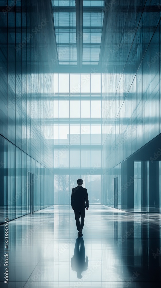 Poster A solitary figure walks through a sleek, glass-enclosed corridor, illuminated by soft light filtering in from above. The tranquil atmosphere evokes reflection and introspection