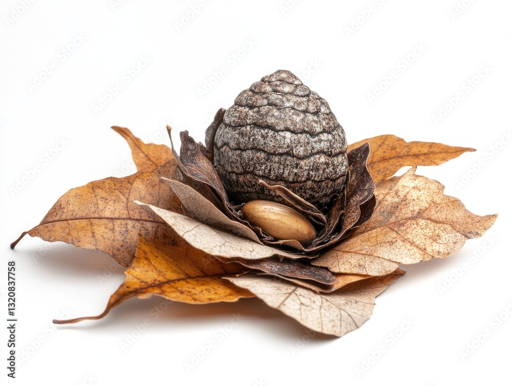 Poster a single pine cone resting on a pile of fallen leaves