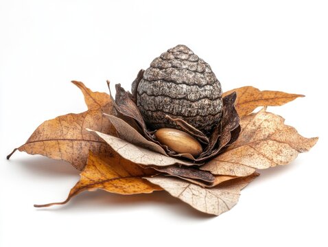 A single pine cone resting on a pile of fallen leaves - Powered by Adobe