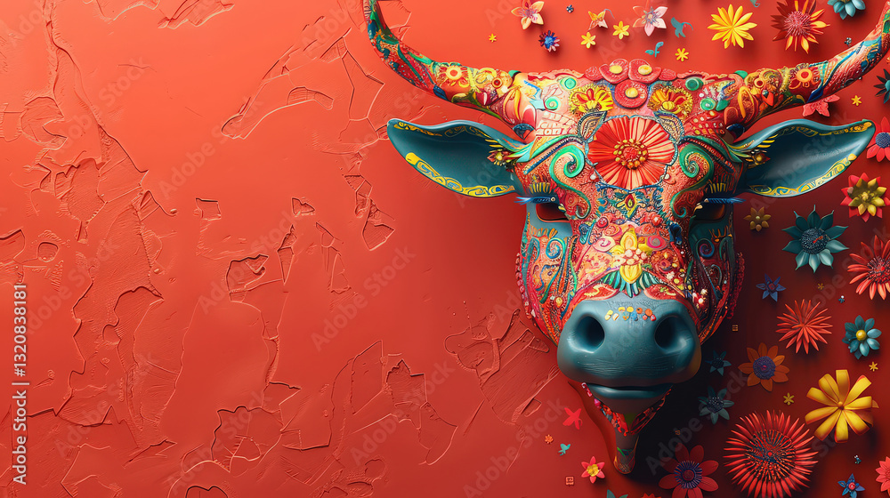 Poster vibrant 3d ox design with intricate clay textures and colorful floral patterns on red background, sy