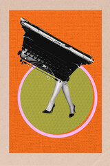 Exclusive image vertical photo collage of anonym girl legs step typewriter machine author retro...