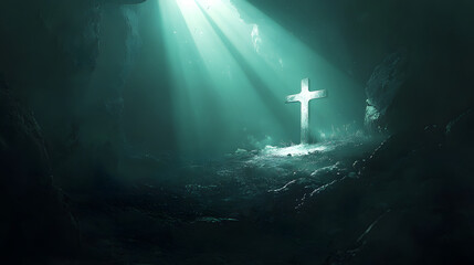 A symbolic and peaceful representation of the resurrection of Jesus, featuring an empty tomb, a shining cross, and rays of light breaking through the darkness, symbolizing the triumph of light over da