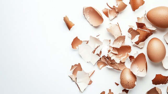 Scattered egg shells on white background