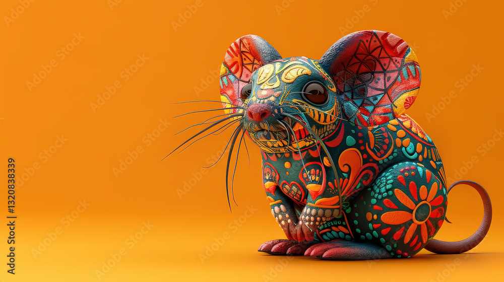 Aufkleber vibrant 3d rat design with intricate clay patterns, set against orange background, showcasing colorf