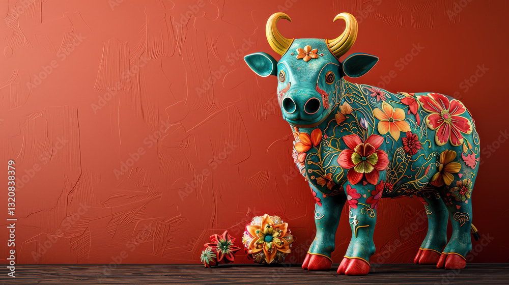 Poster vibrant 3d ox design with intricate clay textures and floral patterns stands against textured red wa