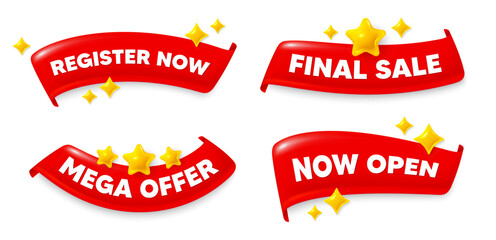 Register now flag ribbon. Mega discount, Final sale, Now open. Register now. Join today sign. Free subscribe symbol. Red flag ribbon banners. Promo offer tags. Vector
