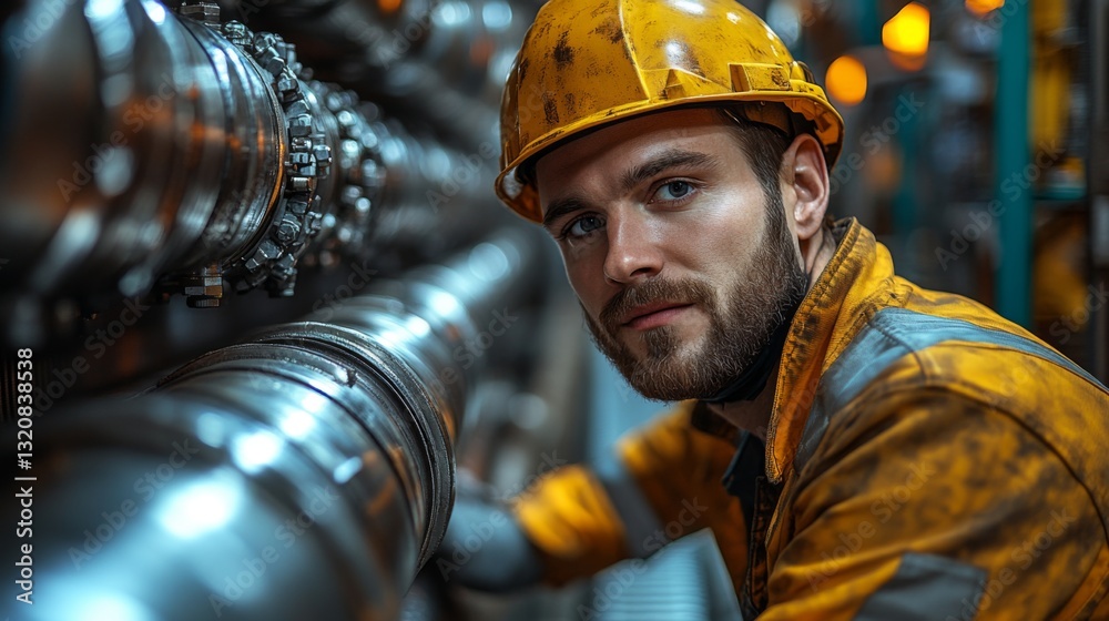 Aufkleber Focused worker wearing safety gear inspects a pipeline surrounded by advanced machinery in a busy petrochemical refinery. The environment showcases automation in action.