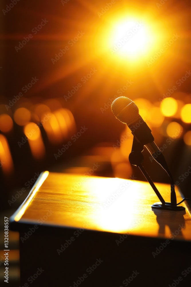 Poster a single microphone sitting on a wooden table, ideal for use in recording studios, home offices or p
