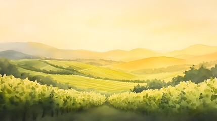 Fototapeta premium Sunset over rolling vineyards with golden light illuminating the landscape.