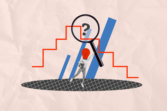 Creative sketch art collage of anonym girl climb career ladder instead head light bulb idea finding hold laptop question mark zoom lens