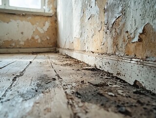 Mildew-covered walls in an old home, stressing health issues like coughing, sneezing, and other allergic reactions linked to moisture buildup