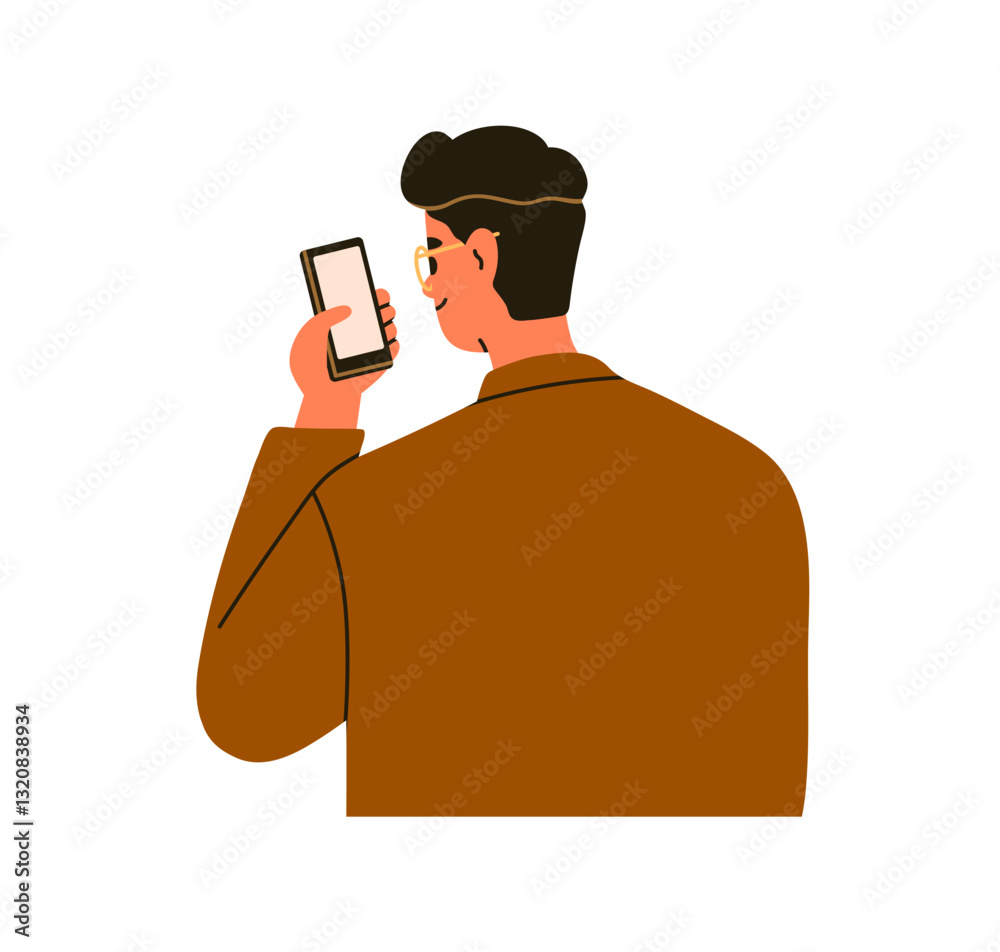 Poster man looking at mobile phone screen, view from back, behind. short-sighted person holding, using smar