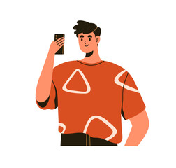 Man taking, capturing photo with phone in hand. Person photographing, shooting, using mobile camera, holding smartphone. Male with cellphone. Flat vector illustration isolated on white background