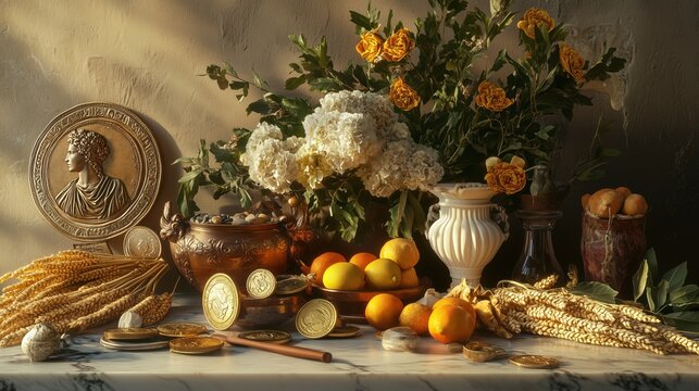 Still life composition of Cerealia festival elements - ancient Roman coins depicting Ceres, ceremonial wheat bundles, ritual tools, flower garlands, and symbolic food offerings on marble altar