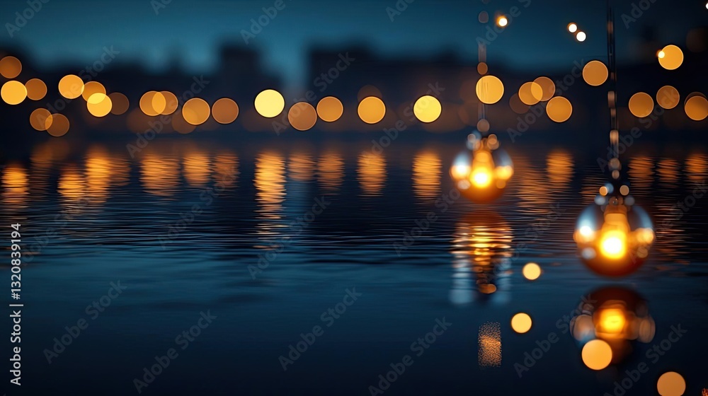 Aufkleber dramatic nighttime abstract background concept. serene evening lights reflect on calm water, creatin