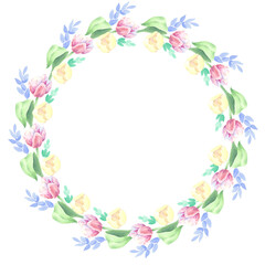 Tulip pink. Floral arrangement. Frame.Wreath. Watercolor